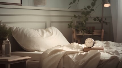 Concept of sleep hygiene, cosy bed with soft pillows and comfortable sheets, set in a peaceful bedroom environment. Quiet atmosphere, healthy bedtime routine and restful night sleep. Generative AI
