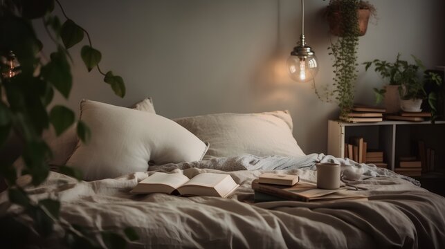 Concept of sleep hygiene, cosy bed with soft pillows and comfortable sheets, set in a peaceful bedroom environment. Quiet atmosphere, healthy bedtime routine and restful night sleep. Generative AI