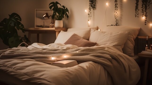 Concept of sleep hygiene, cosy bed with soft pillows and comfortable sheets, set in a peaceful bedroom environment. Quiet atmosphere, healthy bedtime routine and restful night sleep. Generative AI