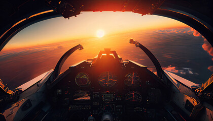 Fighter pilot cockpit view during sunrise with Generative AI Technology