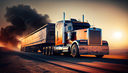 Obraz na płótnie Canvas Truck on freeway pulling load. Transportation theme. Road cars theme with Generative AI Technology