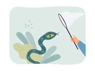 Hand with scoop net catching snake vector illustration. Snake with big eye on white background. Symbol of world government. Conspiracy, animal, providence, mysticism concept