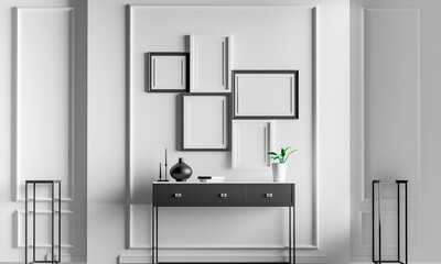 Minimalistic home  interior with mock up photo frames , wooden shelf and home accessories. 3D rendering