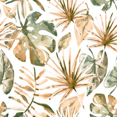Watercolor seamless tropical pattern with palm leaves. Summer design in golden colors for textile print, page fill, wrapping paper