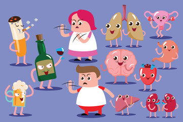 emotion cute vector, illustration flat cartoon character man , woman and internal organs happy to fight unhealthy thing.