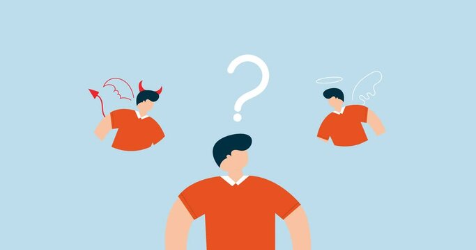 4k animation of Dilemma or moral conflict. confused businessman choosing directions.