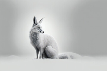 Drawing of wildlife, white fox on white gradient background, purity concept illustration created with generative AI tools.