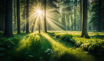  the sun shines through the trees in a forest filled with green grass and tall grass, with a path in the foreground, and a path in the foreground.  generative ai