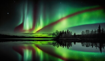  a green and red aurora bore is reflected in the water of a lake with trees in the foreground and the sky reflected in the water.  generative ai