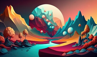  a landscape with mountains, trees, and a river in the middle of the image is an orange and blue hued sky and there is a full moon in the distance.  generative ai