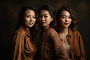 Three beautiful asian women over brown background. Generative AI.