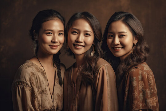 Three beautiful asian women over brown background. Generative AI.