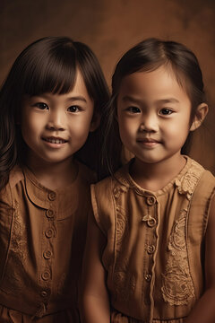 Portrait of two asian adorable little girls in studio. Generative AI