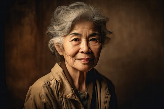 Happy elderly woman over brown background. Generative AI.