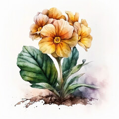 Watercolor primrose illustration on white background. Flower art. Ai generated