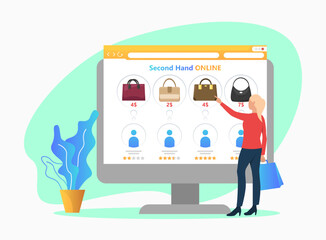 Woman using second hand sale app vector illustration. Female customer choosing bag online on computer screen. Second hand sales, online shopping, cashless payment, sustainability, e-commerce concept