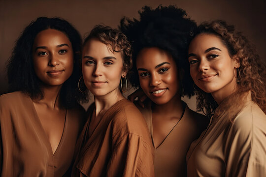 Portrait of multiracial women in studio looking at camera over brown background. Generative AI