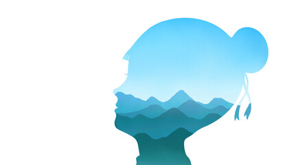 Mountain landscape in a girl face. Concept idea art of inspiration, child, , freedom, life, dream and imagination, Concepttual artwork. 3d illustration, painting.