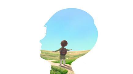 Nature landscape in a boy face. Concept idea art of inspiration, child, way, freedom, life, dream and imagination, Concepttual artwork. 3d illustration, painting. 