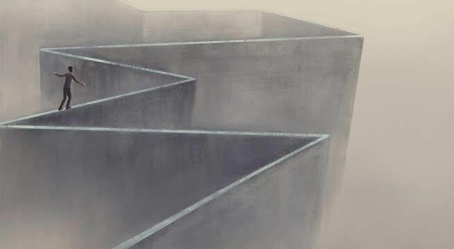 Conceptual art, man walking on surreal wall, hope lonely success and ambition concept, black and white 3d illustration, abstract of architechture