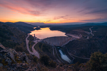 Picturesque view of Lozoya river in mountains at sunset