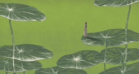 Women alone on a lotus leaf. . nature landscape. flowers and leaf illustration. abstract art. drawing artwork.  - obrazy, fototapety, plakaty