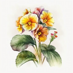 Watercolor primula illustration on white background. Flower art. Ai generated