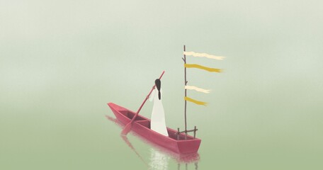 Woman alone on the boat.  painting artwork. loneliness and solitude concept.