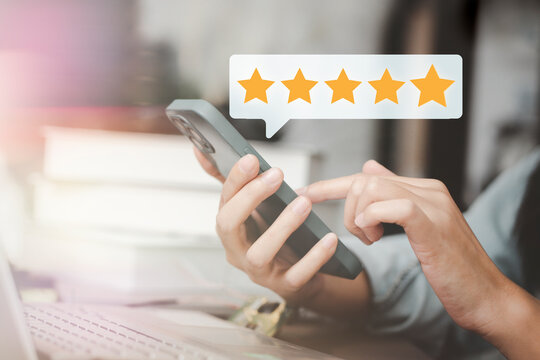 Customer Satisfaction Survey Concept, Service Experience Rating Online Application, Customer Evaluation Product Service Quality, 5-star Satisfaction,  Satisfaction Feedback Review, Good Quality Most.