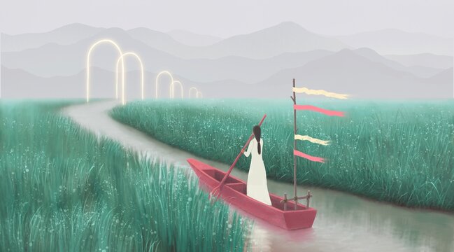 Woman on the boat. young girl alone with river. nature landscape. Concept art of way, journey, success, lonly, hope, life, dream and freedom. Conceptual artwork. painting.