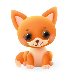 Cute little fox 3d illustration. Adorable wild animal in cartoon style sitting and smiling isolated on white background. Animal, nature, wildlife concept