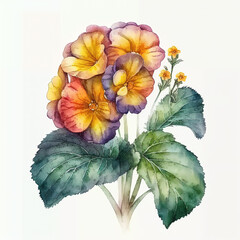 Watercolor primrose illustration on white background. Flower art. Ai generated