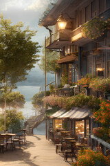 A Peaceful Old Fashioned Cafe With Good Atmosphere And Amazing View Of The Sea, created with generative AI technology