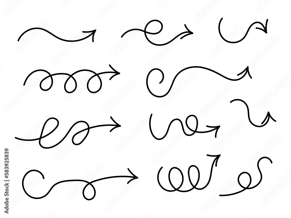 Poster arrows set. hand drawn direction indicator elements. cursors right in doodle style. arrows or pointe