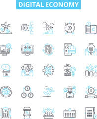 Digital economy vector line icons set. digital, economy, technology, online, commerce, services, finance illustration outline concept symbols and signs