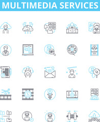multimedia services vector line icons set. Multimedia, Services, Audio, Video, Animation, Messaging, Streaming illustration outline concept symbols and signs