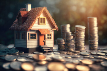 Cottage representing housing bubble among coins