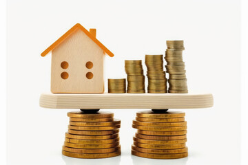 Wooden house on stack of coins isolated