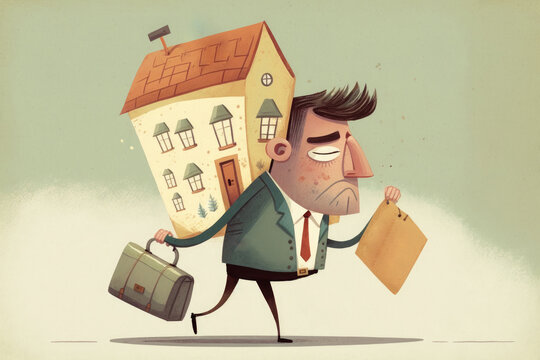 Cartoon sad man with suitcase and house on back