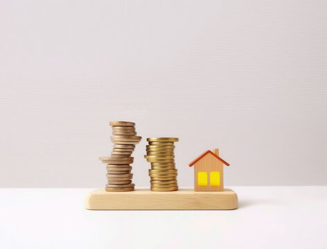 Wooden board with coins and house figurine