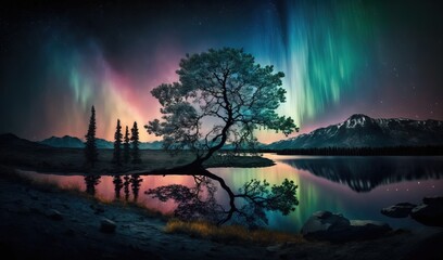  the aurora bore is reflected in a lake with a tree in the foreground and a mountain range in the background with a reflection in the water.  generative ai