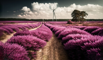 Fototapeta na wymiar a field of lavender flowers with a windmill in the distance in the distance is a dirt road and a lone tree in the foreground. generative ai
