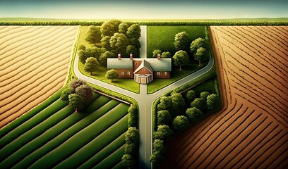  an aerial view of a farm with a house and a road in the middle of the field and trees on the other side of the road.  generative ai