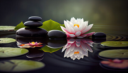 Fototapeta na wymiar Natural Alternative Therapy With Massage Stones And Waterlily In Water with Generative AI Technology