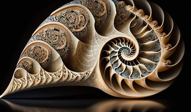  a close up of a snail shell on a black background with a reflection of the shell on the ground and the shell in the background.  generative ai