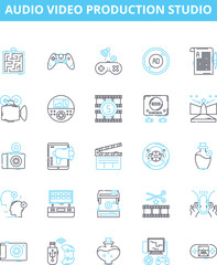Audio video production studio vector line icons set. Recording, Mixing, Mastering, Editing, Dubbing, Broadcasting, Commercials illustration outline concept symbols and signs