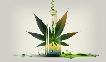 a bottle with a marijuana leaf in it and a drop of green liquid on the ground next to it, on a white background with a light gray background.  generative ai