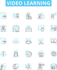 Fototapeta na wymiar Video learning vector line icons set. Video, Learning, Course, Tutorial, Lesson, Education, E-learning illustration outline concept symbols and signs