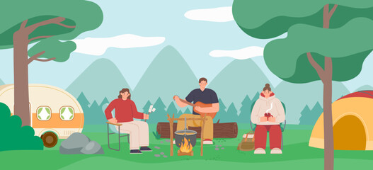 Obraz na płótnie Canvas Camping people landscape, tent and bonfire near camp