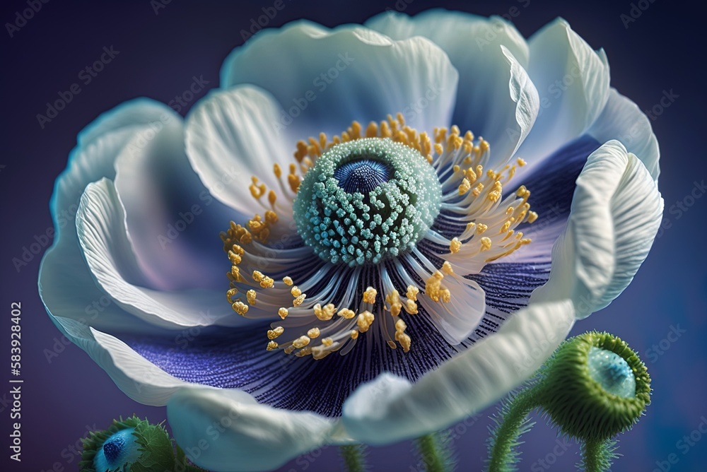 Poster the idea of an anemone blossom as a macro subject generative ai